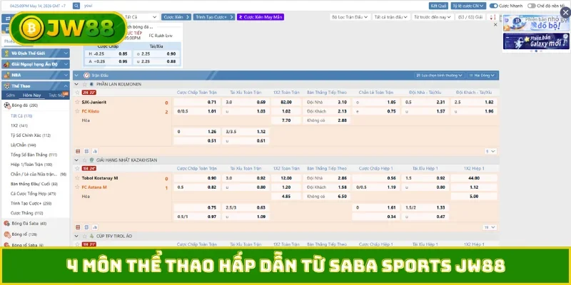 4 môn thể thao hấp dẫn từ Saba Sports JW88